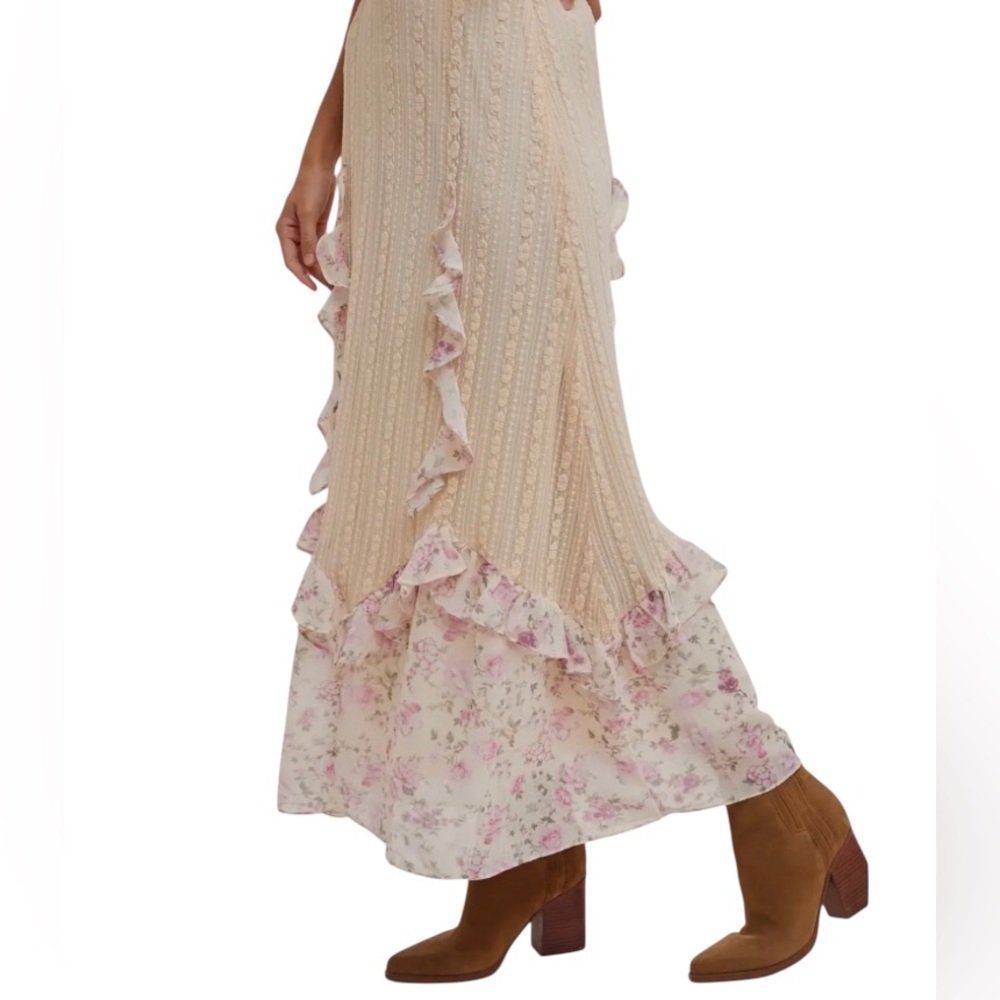 BluIvy Floral Print Ruffle Trimmed Maxi Lace Skirt with Lining Sz S